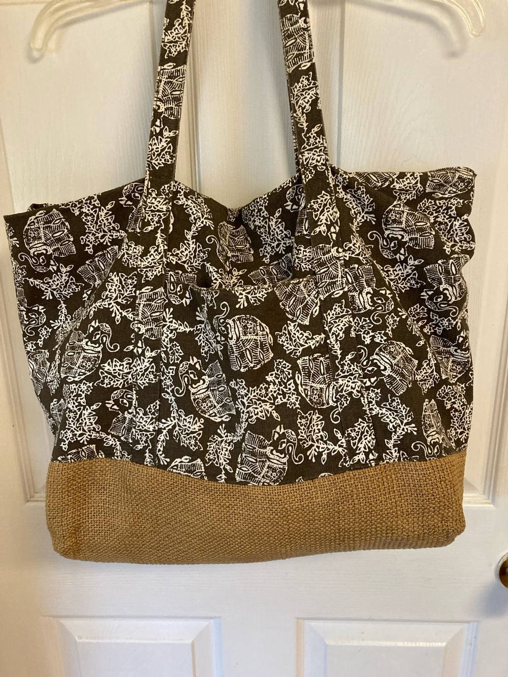 Calypso St. Barth Brown Canvas Tote with White Elephant Print and Jute Base